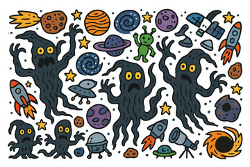 Fototapeta premium Colorful Cosmic Doodle. Space, dark, twisted figures. Colorful Hand-drawn doodle Children illustration Space, dark, twisted figures, stars, planets, galaxies,