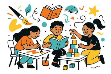 Creative After-School Scene. After-school programs. Children painting, reading, and building crafts in bright