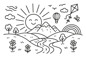 Sunny Horizon Doodle. Sunny Horizon. Hand-drawn doodle illustration Sunny Horizon sun, hills, mountains, river, trees, clouds, birds, flowers, path, rainbow,