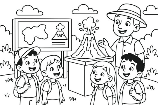 Volcano Field Trip Fun. Volcano field trip children?s coloring book illustration, outlined drawing, cheerful kids with a guide looking at a model volcano and