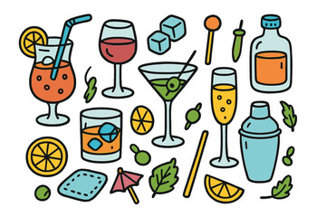Colorful Drink Icons. crafted drinks. Colorful Hand-drawn doodle Children illustration crafted drinks cocktail glass, wine glass, martini, whiskey glass,