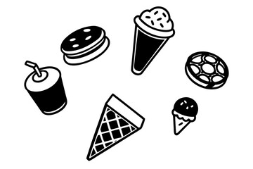 Isolated food vector icons set featuring ice cream and dessert illustrations like cake, coffee, tea, and other restaurant beverages