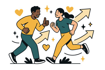 Dynamic Fitness Motivation. Fitness training and personal coaching. Trainer motivating client during outdoor run with abstract floating arrows, hearts, and