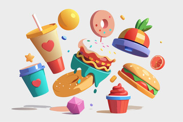 Sweet cartoon vector icon set illustration of ice cream and fruits, fast food burger, pizza, sandwich, and breakfast meal