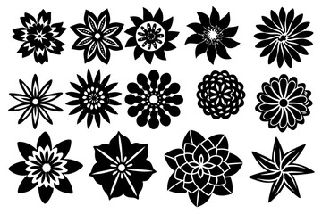 Vector illustration set of seamless black and white floral pattern elements, icons, and vintage flower silhouettes for art and decoration