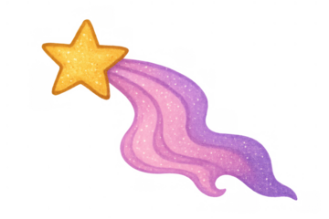 Golden wishing star leaving glittering pink and purple watercolor trail, conveying magic, dreams, and success on transparent background