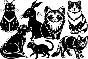 Collection of cute black and white cat icons and silhouettes with funny kitten characters, vector illustration set
