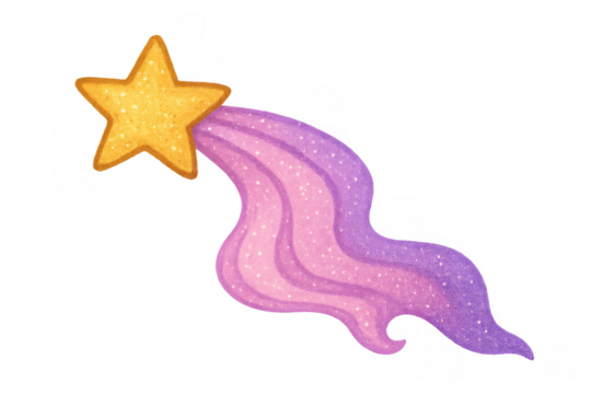 Golden wishing star leaving glittering pink and purple watercolor trail, conveying magic, dreams, and success on transparent background - Powered by Adobe