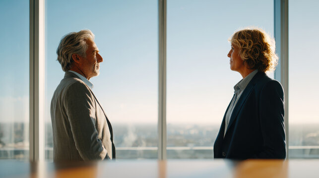 Business professionals in modern office with city view