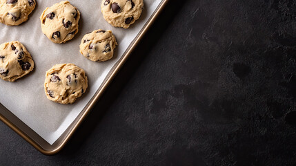 Chocolate chip cookies on baking sheet ready to bake on dark background with copy space for National Cookie Dough Day