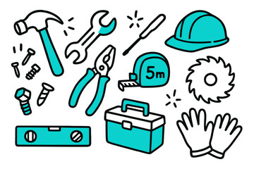 Hand-Drawn Construction Tools. // Construction tools. Hand-drawn doodle illustration Construction tools [hammer (accented), wrench (accented), screwdriver,