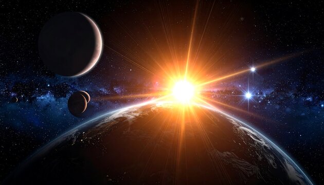 Cosmic Dawn - A Breathtaking Sunrise Over Earth with Celestial Bodies.