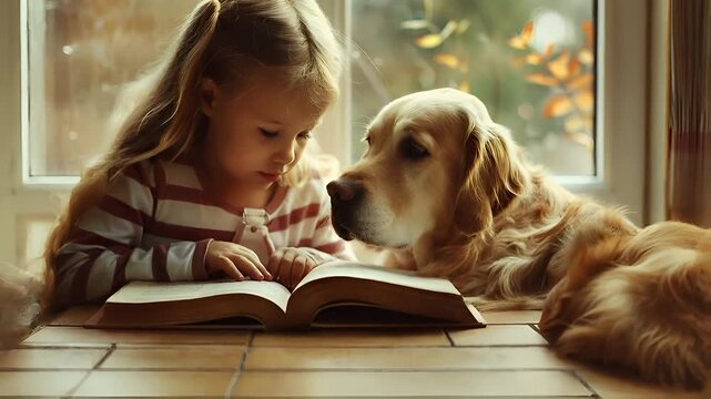 A young girl and a dog are engrossed in reading a book together. The girl, with long, wavy hair, is wearing a striped shirt and is seated by a window. The dog.