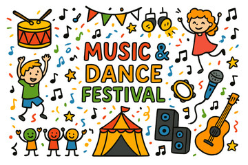 Fototapeta premium Vibrant Festival Celebration. Music and dance festival. Colorful Hand-drawn doodle Children illustration Music and dance festival drums, guitar, microphone,