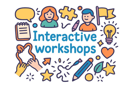 Interactive Workshop Doodles. Interactive workshops. Hand-drawn doodle illustration of interactive workshops.