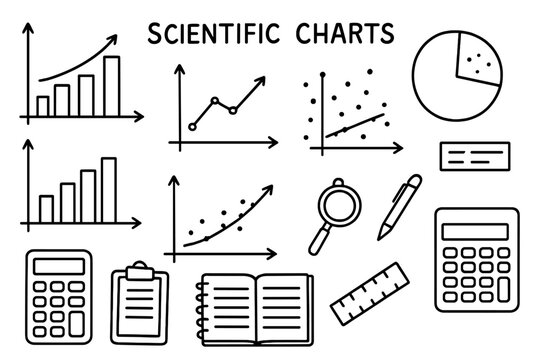 Hand-Drawn Scientific Charts. Scientific Charts. Hand-drawn doodle illustration Scientific Charts bar chart, line graph, pie chart, scatter plot, histogram,