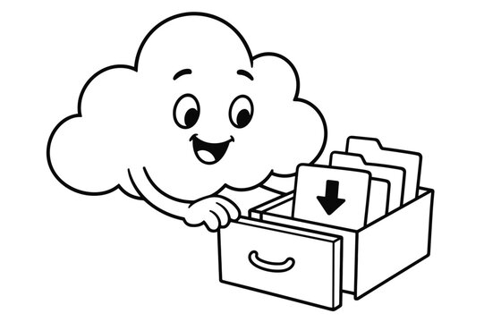 Cheerful Cloud Organizer. Online storage concept children?s coloring book illustration, outlined drawing, a cheerful cloud opening a small drawer full of