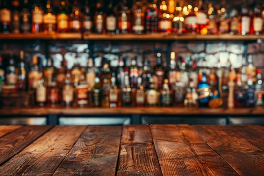 Blurred bar shelf with various bottles of liquor