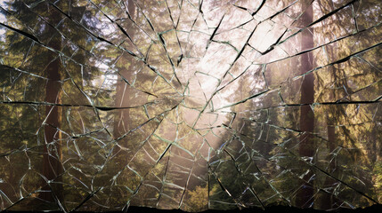 Broken glass showing redwood trees and sunbeams in forest