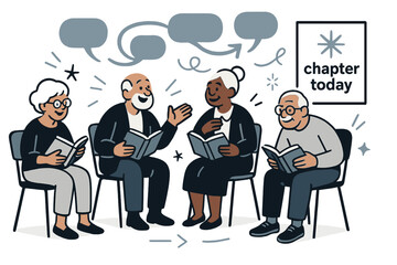 Lively Book Club. Elderly ? Book Club. A semicircle of chairs with seniors holding books; speech bubbles weave in a calm loop. Minimal poster on the wall: