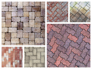 ifferent patterns and colors of paving stones are arranged in a collage each section shows unique brick shapes and textures creating a diverse collection of pavements