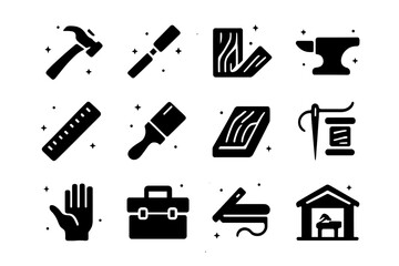 Obraz premium Craftsmanship Icon Set. Emphasis on Craftsmanship. Solid icons set of Emphasis on Craftsmanship: hammer, chisel, saw, anvil, ruler, paintbrush, wood plank,