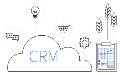 CRM cloud surrounded by icons representing communication, innovation, e-commerce, productivity, and agriculture. Ideal for business analysis, customer management, marketing, e-commerce farm tech