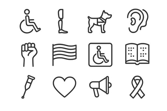 Inclusion Icon Set. Disability inclusion symbols. Line outline icon set of disability inclusion symbols: