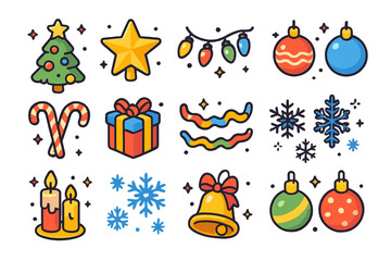 Fototapeta premium Festive Decoration Icons. Festive decorations. Colorful isometric vector icons set of festive decorations: Christmas tree, star topper, lights, baubles, candy