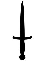 Minimalist black silhouette of a straight dagger or short sword with crossguard and rounded pommel &mdash;ideal for fantasy icons, heraldry, tattoos, and logo design.