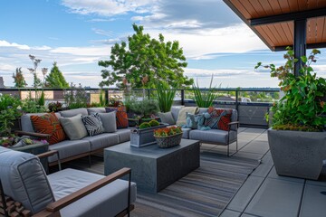 Obraz premium Modern outdoor living space with comfortable seating and plants