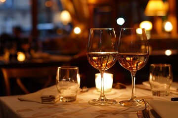 Two glasses of wine on a romantic dinner table