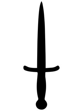 Minimalist black silhouette of a straight dagger or short sword with crossguard and rounded pommel &mdash;ideal for fantasy icons, heraldry, tattoos, and logo design.