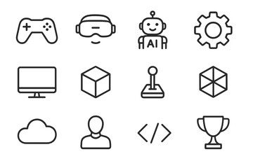 Gaming Icon Set. Gaming and simulation. Line outline icon set of gaming and simulation: game controller, VR