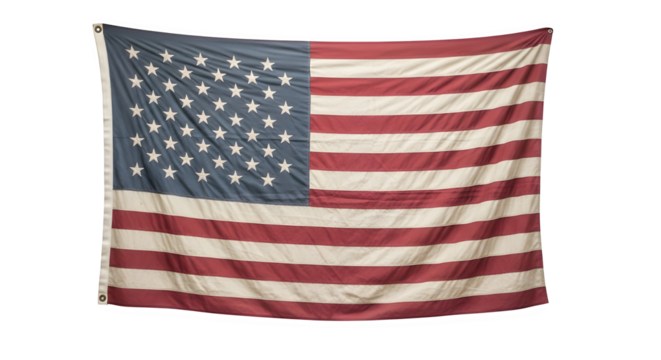 Aged and weathered american flag hanging on a wall isolated on transparent background