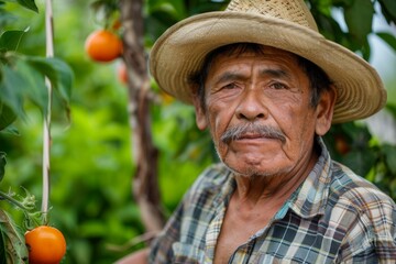 Senior man harvesting oranges in a garden