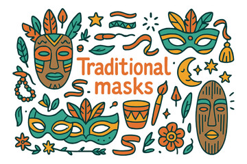 Obraz premium Colorful Traditional Masks. Traditional masks. Hand-drawn doodle illustration of traditional masks. Mask,
