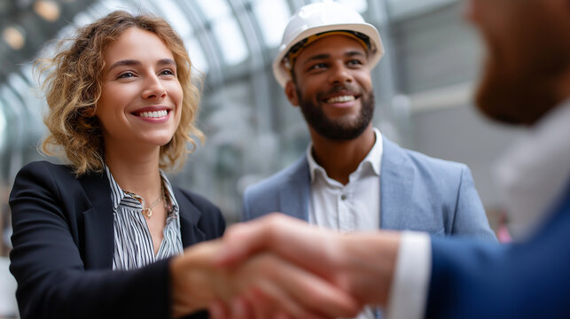 Architects welcoming client at office reception, shaking hands and smiling, business meeting, professional service, design firm, partnership, with copy space - Powered by Adobe