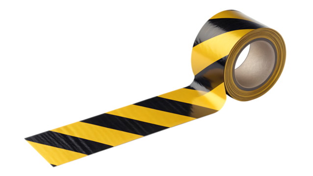 Roll of yellow and black hazard warning tape with striped pattern, cutout, PNG isolated on transparent background