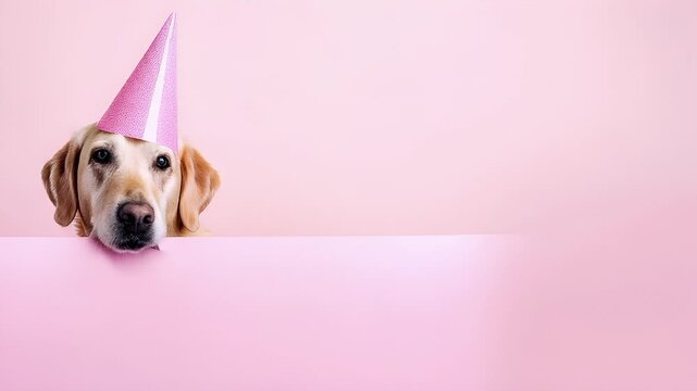 A dog with a pink party hat peeks over a blank pink surface, set against a pastel pink backdrop. The dogs expression is curious, and its eyes are wide open, giving it an attentive look.