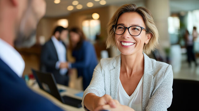 Architects welcoming client at office reception, shaking hands and smiling, business meeting, professional service, design firm, partnership, with copy space