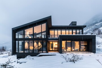 Fototapeta premium Modern house in snowy landscape during winter