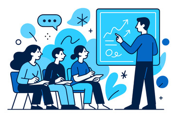 Interactive Workshop Scene. Workshop Session. A presenter explains a concept on a glowing digital board;