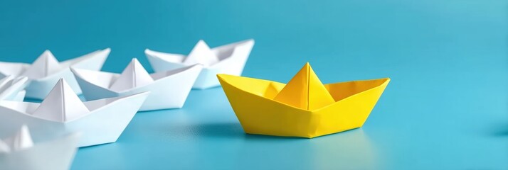 Boat paper concept yellow ship business leadership leader lead origami partnership. Background boat paper concept change journey success crew blue compass unique different fleet join team challenge