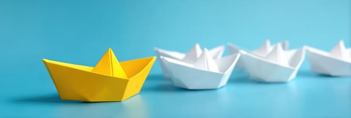 Boat paper concept yellow ship business leadership leader lead origami partnership. Background boat paper concept change journey success crew blue compass unique different fleet join team challenge