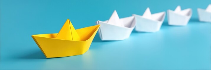 Boat paper concept yellow ship business leadership leader lead origami partnership. Background boat paper concept change journey success crew blue compass unique different fleet join team challenge