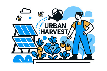 Urban Rooftop Garden. Rooftop Garden + Panels. Vegetables sprout beside elevated PV frames; watering can pours a dotted arc labeled ?Urban Harvest.? Bees buzz