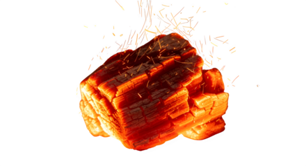 Glowing charcoal ember with sparks isolated on transparent background is ready to ignite fire