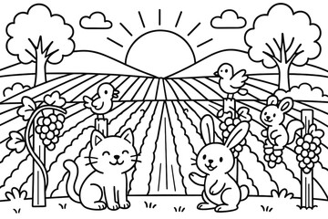 Obraz premium Vineyard Sunset Coloring. a vineyard at sunset children?s coloring book illustration, outlined drawing, a beautiful vineyard at sunset with happy animals and