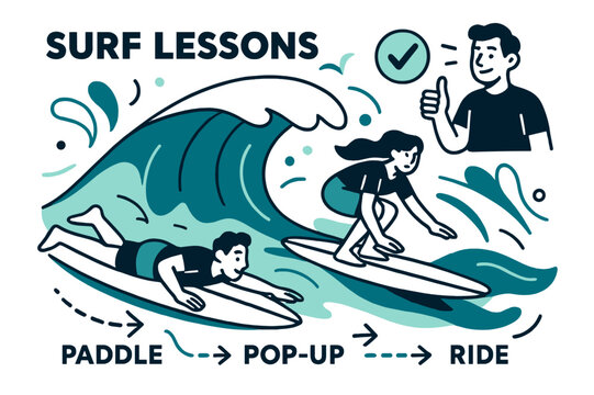 Dynamic Surf Lesson Scene. Beach Vacation ? Surf Lessons. A board tilts on a clean wave; dotted arrows show ?paddle > pop-up > ride?. Instructor icon nods with